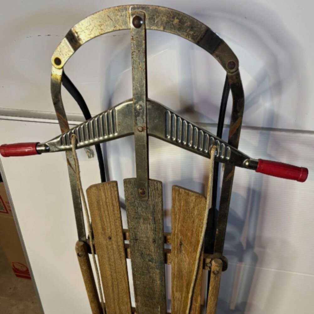 Vintage Antique Retro 1950s Mid Century Wooden Steel Snow Toboggan Sled 45